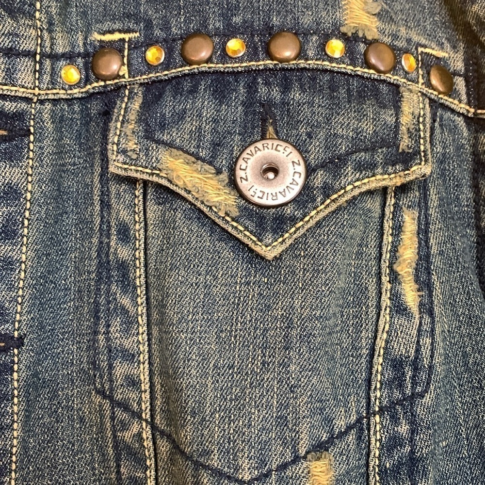 Z. Cavaricci Y2K Denim Blue Jean Bird Embroidery Distressed Button Down Jacket 4 - Picture 8 of 17